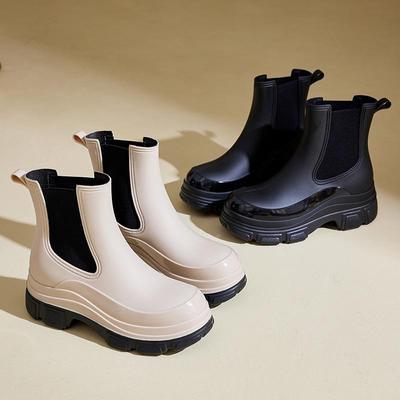 Damen Wasserdichte Chelsea Regenstiefel - Dicksohlige, Rutschfeste, Elastisch-Mündige Mid-Tube Mode-Schuhe für den Außenbereich