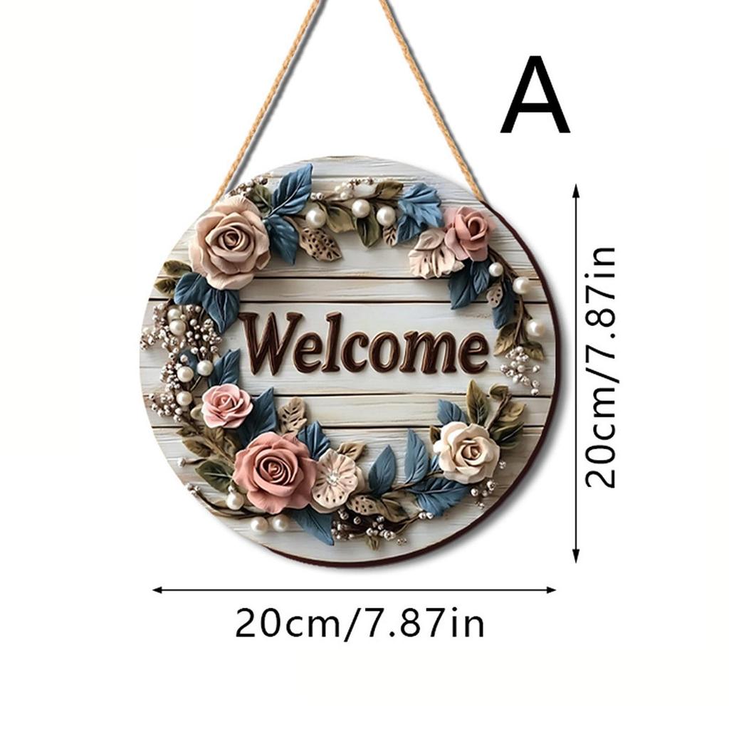 2Pcs Floral Welcome Signs Wood Plaque Outside Round Home Decor 20cm Fireplace Wooden Hanging Signs for Porch Garden Classroom