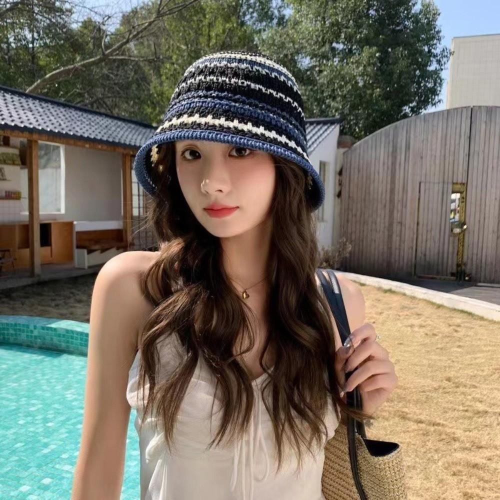 Colorful Knitted Bucket Hat Temperament Sun Protection Cap Visor Cap Sunshade Basin Cap  Seaside