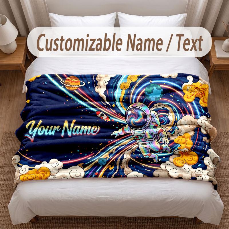 Astronaut Space Theme Soft Blanket Personalized Custom Name Text Print Warm Blanket Home Sofa Bedroom Decor