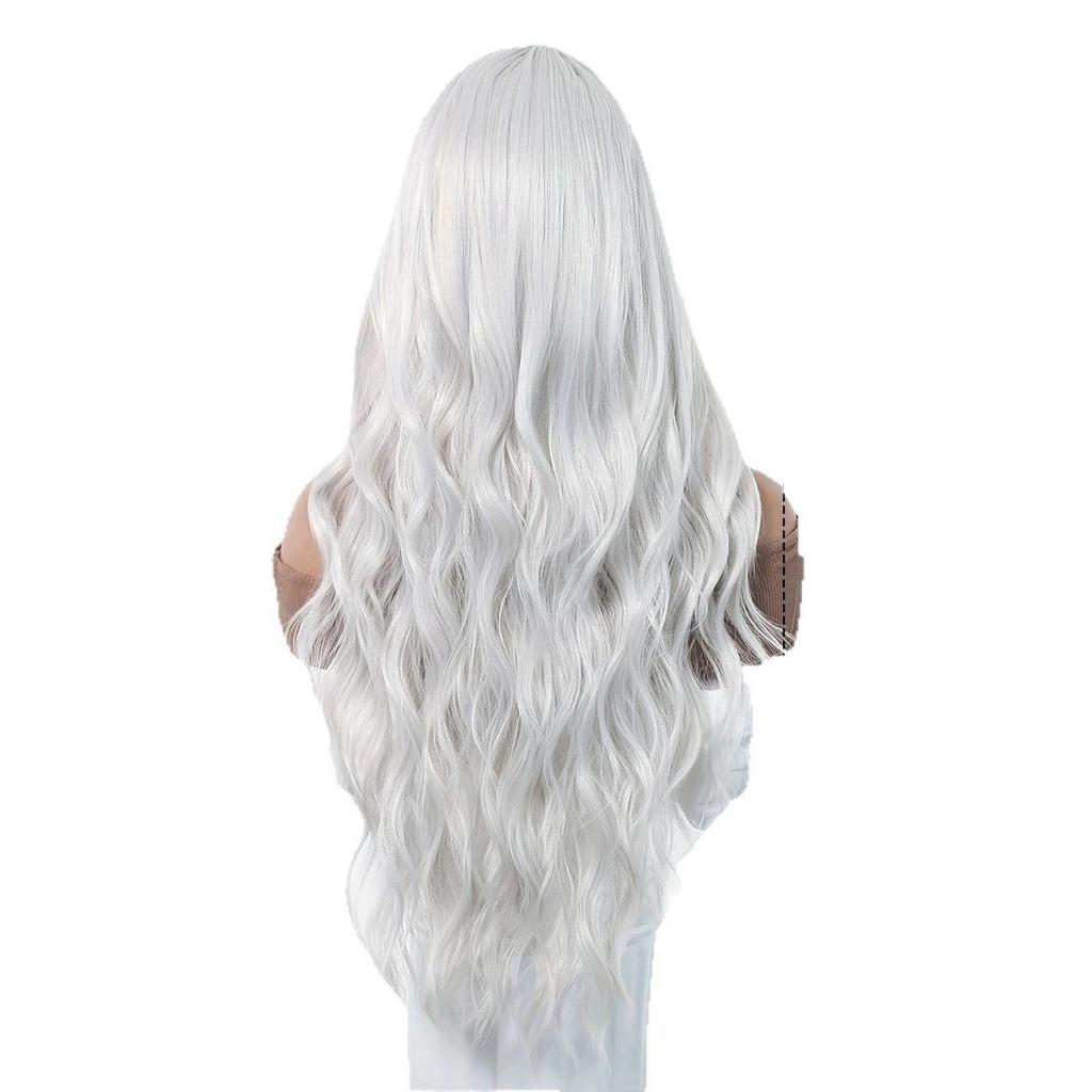 Women's Long Wavy Wig, White Center Part Synthetic Hairpiece for Daily & Cosplay