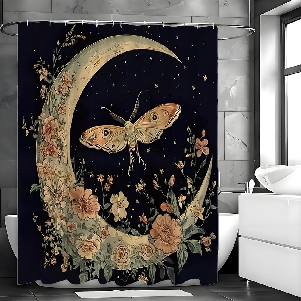 Moon Flower Moth Star Shower Curtain, Bathroom Decorative Shower Curtain, Waterproof Shower Curtain with Hooks