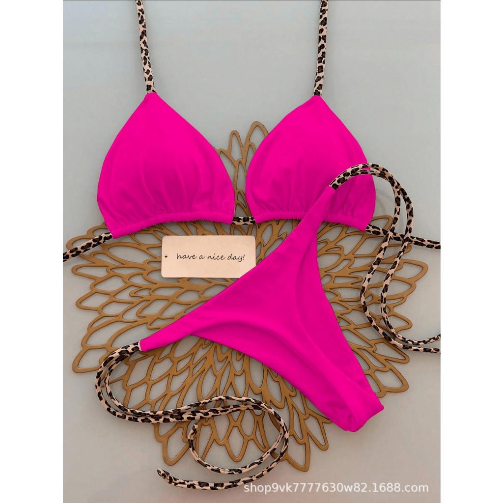 Ladies' Fashion Leopard Print Lace Up Bikini Swimsuit, Beach Vacation Set