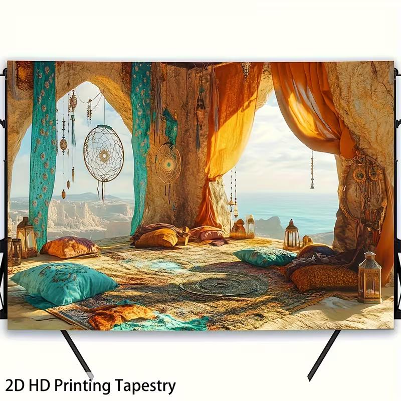 2D Hippie Sea Cave Tapestry Ocean View Themed Event & Meditation Party Background 47.2x31.5inch/120*80cm