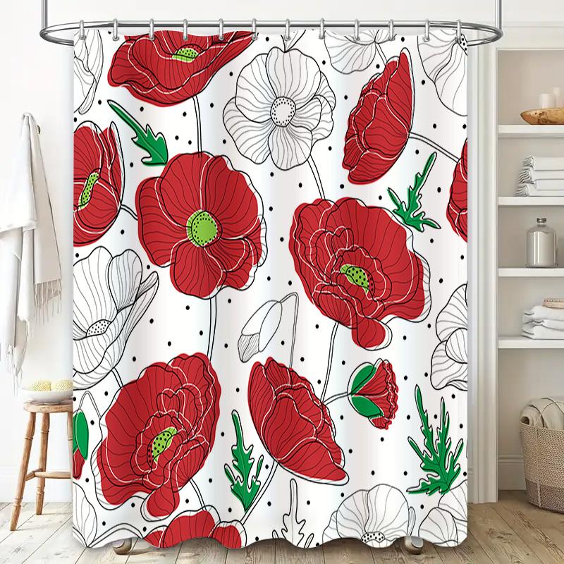Waterproof Bath Curtains with Floral Print featuring Red Poppies and Green Leaves Decorative Shower Liners for Bathroom Decorati