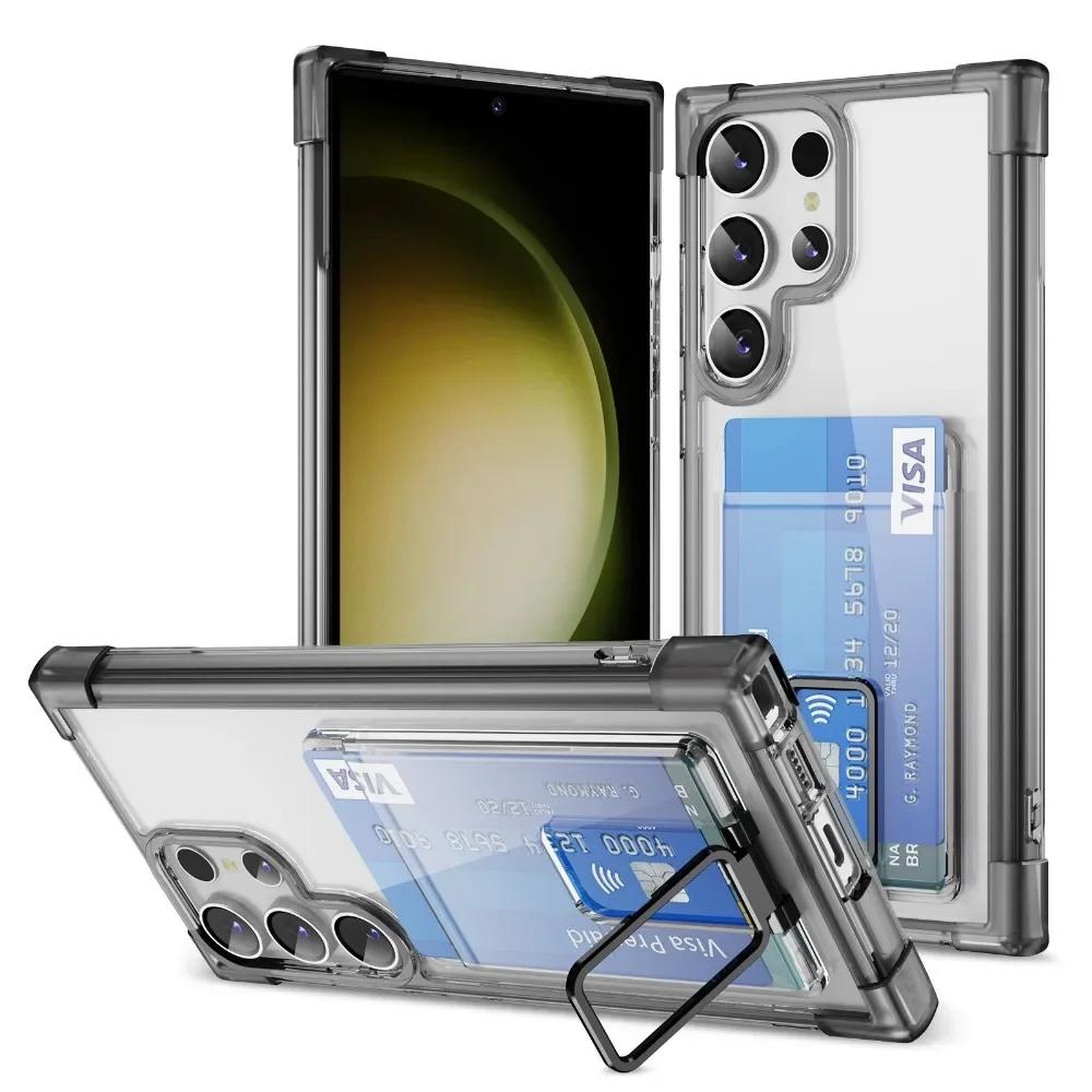 Shockproof Acrylic Card Holder Clear Phone Case for Samsung  S24 Ultra S23 Plus S22 S21Ultra Note 20 Metal Kicstand Bumper Cover