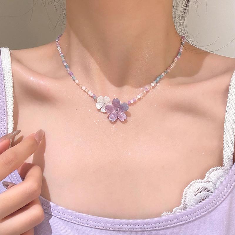 Purple Flower Crystal Bead Necklace Colorful Mixed Glass Beads Gentle Exquisite High-End Sweet Necklace Women's Jewelry Gifts