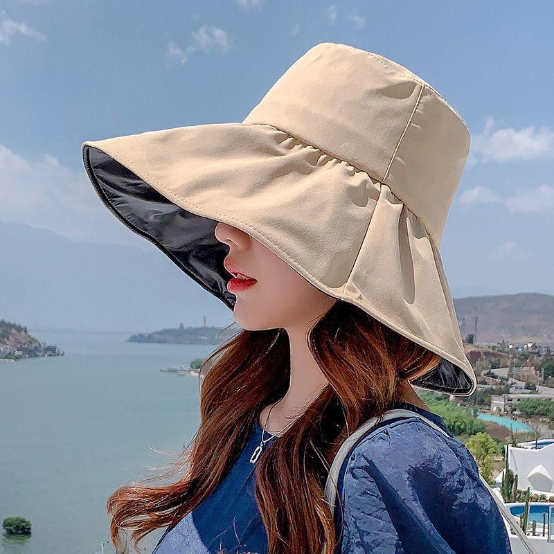 

New Summer Vinyl Sun Protective Sun Hat Female Summer Big Brim Cover Face Spring and Autumn Fashion All-Matching Hat Bucket Hat Beige Adjustable (upgraded vinyl brim)