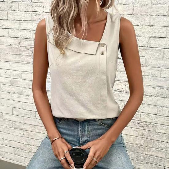 Women Tops Skew Collar Sleeveless Loose Fit Casual Tops Pure Color Buttons Decor Pullover