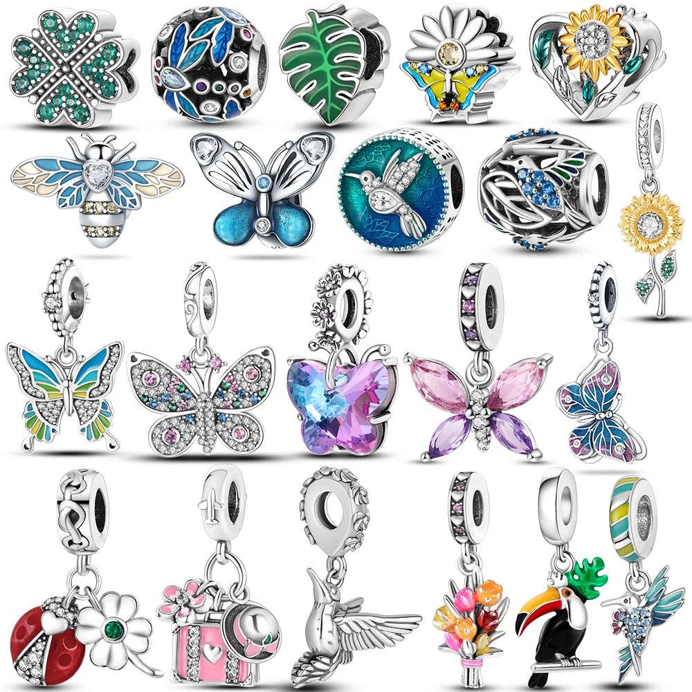 Color Enamel Hummingbird Flamingo Bird Butterfly Flower Beads Charm Fit Bracelet Necklace Copper Plated Women Jewelry Making