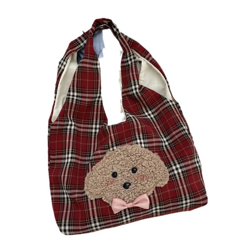 11 Autumn and Winter New Embroidered Puppy Cute Plaid Shoulder Bag Leisure Student Class Handbag