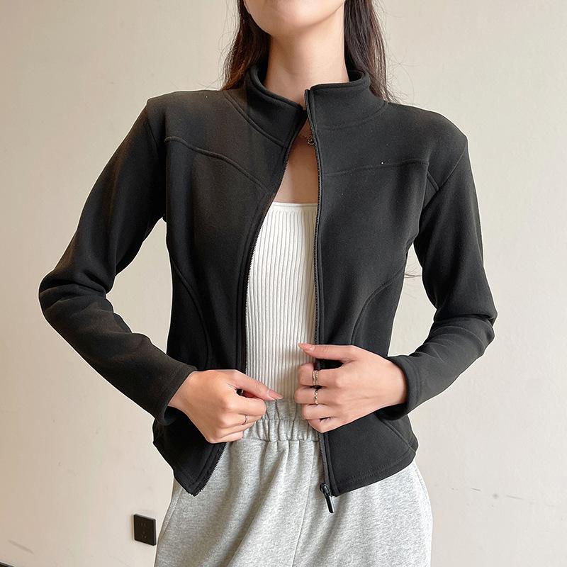 Women's Stand Collar Short Coat Fleece Sweatshirt For Autumn And Winter Outer Wear Slim Fit Fleece Lined Thickened Warm Yoga Top