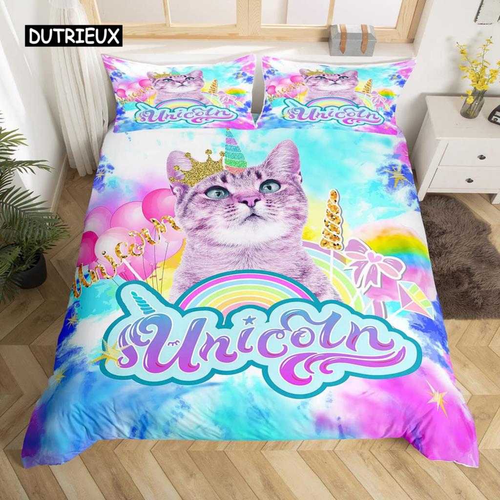 3D Digital Printing 2/3pc Animal Cat Pattern Quilt Cover Pillowcase Double Bed Set Cover Quilt Soft Microfiber Bedding Set