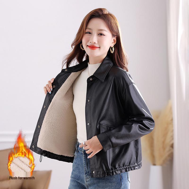 Women's 2025 Slimming Fleece-Lined PU Leather Motorcycle Jacket - Spring/Autumn Fashion