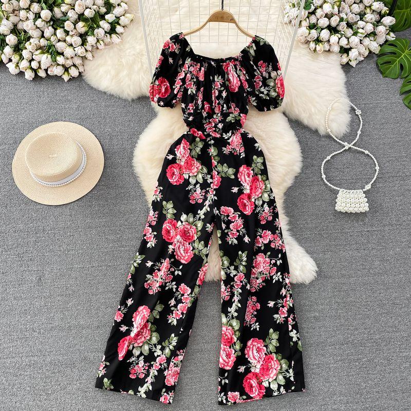 Seaside Holiday Ruched Square Collar High Waist Casual Short Sleeve