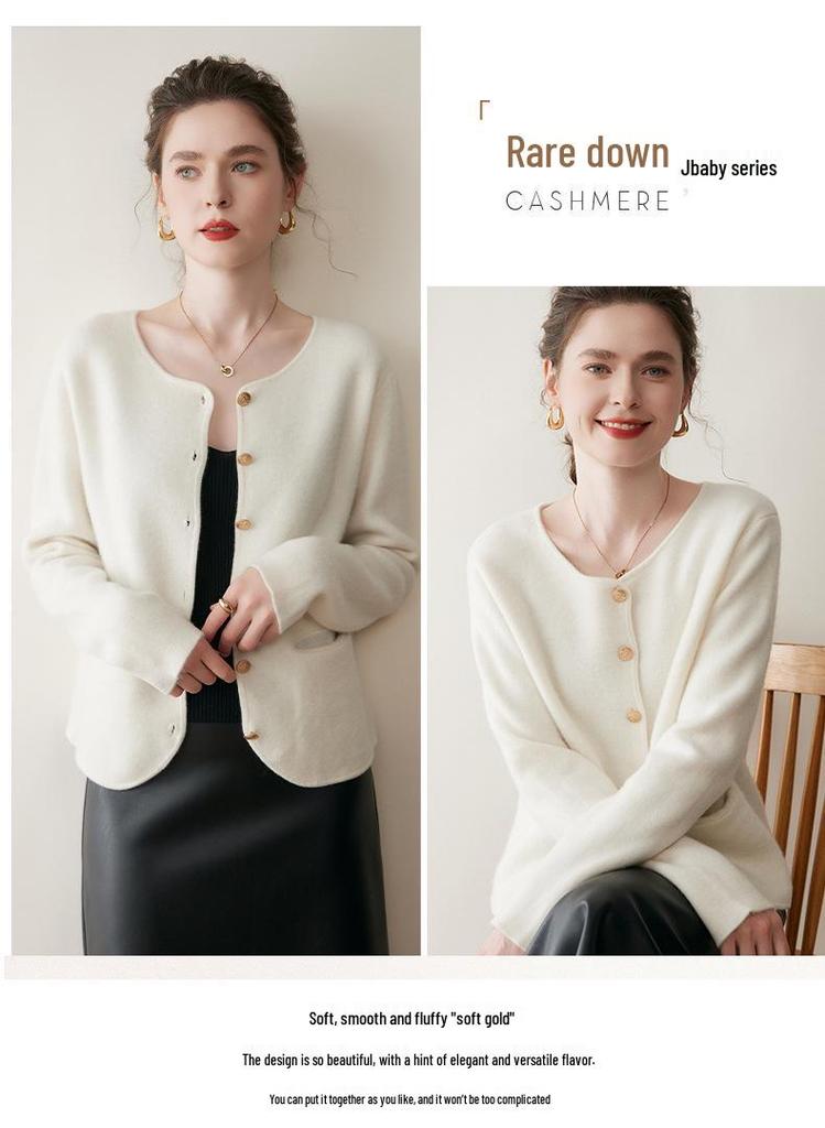 Round Neck Cashmere Cardigan for Women - Autumn/Winter Thick Knit Sweater Coat.
