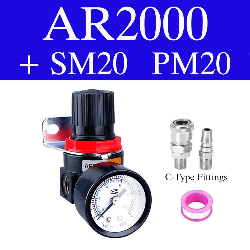 AR2000 G1/4'' Régulateur de Pression pour Compresseur d'Air Pneumatique Valve de Réduction Avec Raccords Connecteurs 4mm 6mm 8mm 10mm 12mm