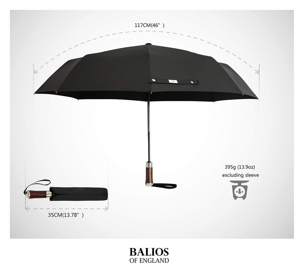 Balios Travel Umbrella with Luxurious Golden Rosewood Auto Windproof Single Automatic Folding Umbrella for Men and Women Jet Black Handle, Open/Close,