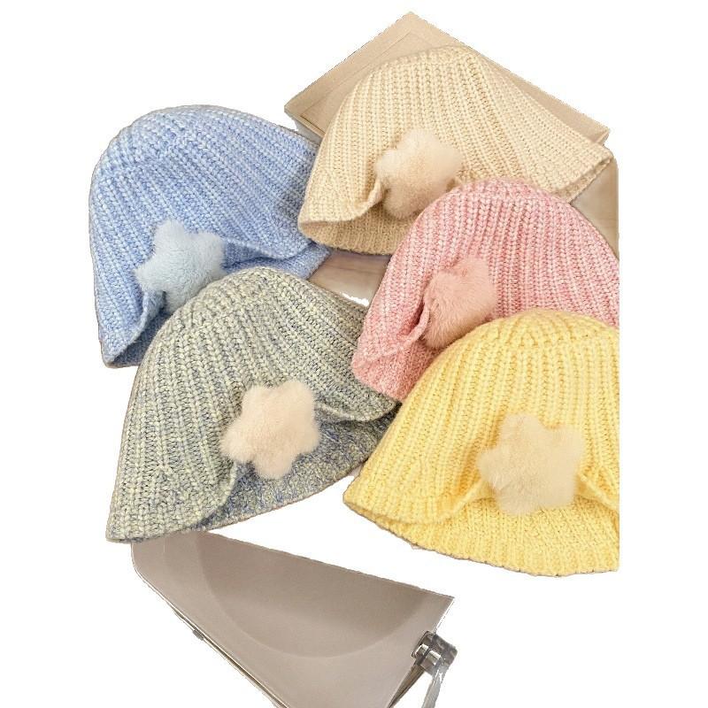 Korean Cute Plush Star Knitted Bucket Hat Female Autumn And Winter Big Head Circumference Shows Small Face Sweet Versatile Basin Hat Tide