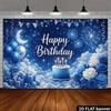 2D Elegant Blue & White Rose Happy Birthday Backdrop Starry Sky Photography Banner