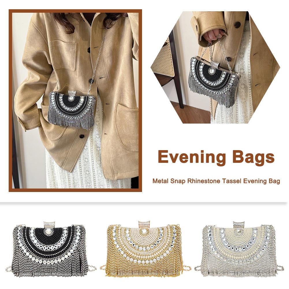Women Rhinestones Tassel Shouder Bag with Chain Metal Snap Sling Bag Luxury Satchel Bag Female Wedding Club Bag