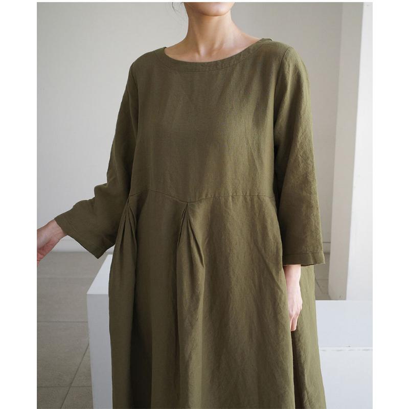 New Women's Plus Size Cotton Linen Dress, Loose Fit Round Neck Long Sleeve Knee-Length Pullover, Japanese Korean Forest Girl Style Casual Summer Dress