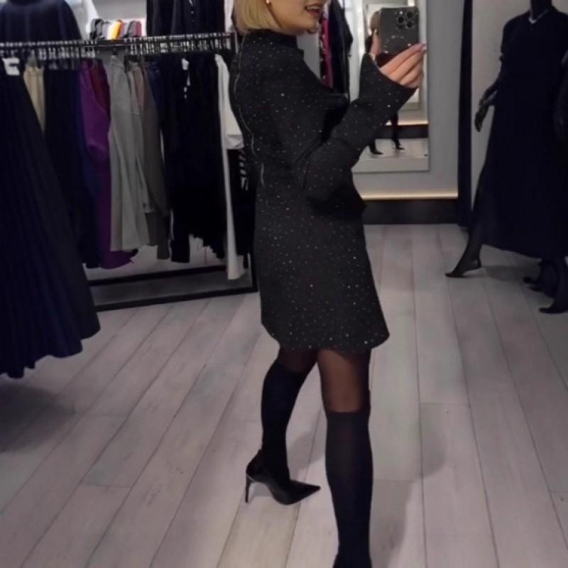 Womens Slim Fit Knit Dress With Rhinestone Embellishment Round Neck Long Sleeve Bodycon Midi Office Casual Wear