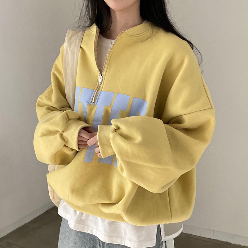 Damen Oberteil mit Stehkragen Langarm Lockerer Schnitt Halber Reißverschluss Sweatshirt mit Buchstabenaufdruck