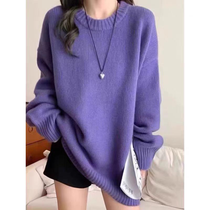 Women's European-Style Heavy-Weight Pure Wool Pullover Sweater, Round Neck, Thick, Loose, Mid-Length, Slimming, Knitted Base Layer