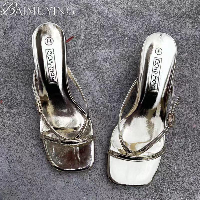 Fashion Women Slippers Square Toe Flip Flops Loafers Casual Shoes Woman Heeled Sandals Summer 2025 Trend Luxury Dress Clip Toe Slides