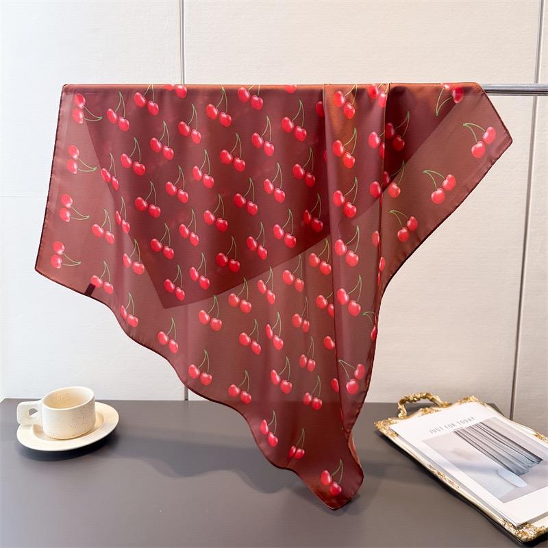 Luxury Square Silk Scarf Women Cute Fruit Cherry Pattern Shawls and Wraps Fashion Small Bag Scarves Hair Tie Bandanas 70*70Cm
