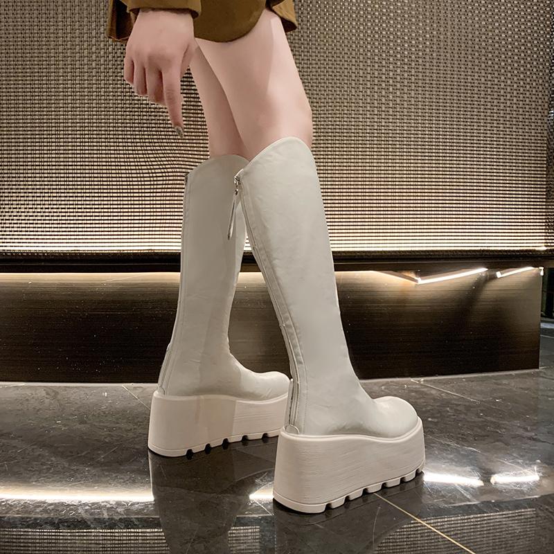2025 New 8.5cm Women's Thick Bottom Long Boots Ankle High Autumn New Style Knight Boots Round Toe Simple Design Casual Boots