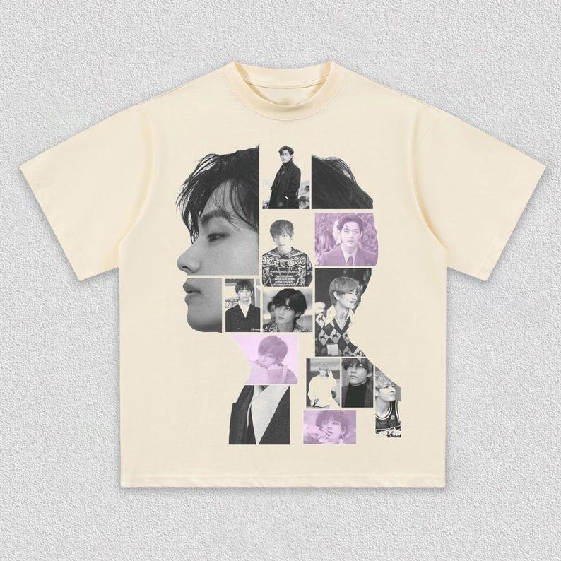 2026 Summer Hot Sale BTS V Photo Collage Graphic T-shirt Y2K Unisex Harajuku Hip Hop Punk T-shirt Print Crew Neck Casual T Shirt