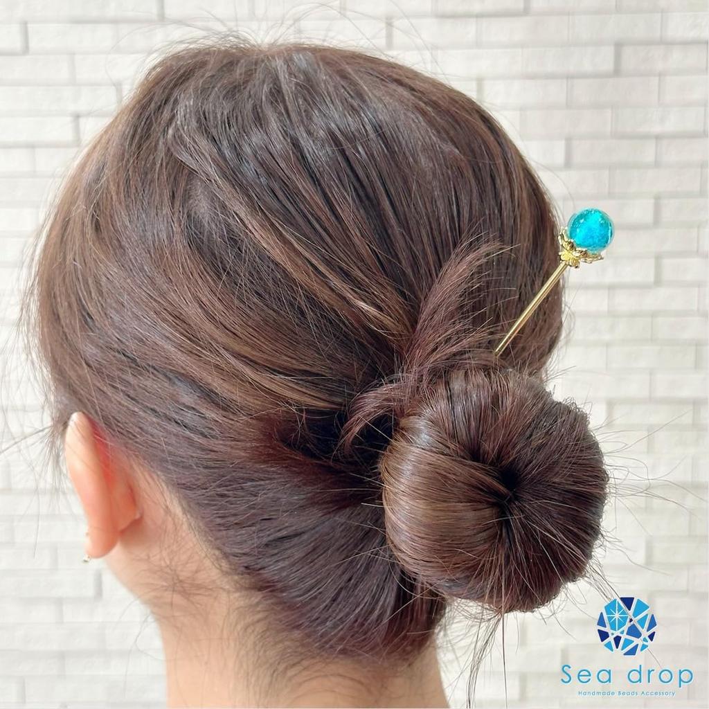 Sea drop kanzashi glass glass emerald ocean hair accessory for and other traditional Japanese clothing hairpin, glow-in-the-dark bead, design, 14mm,