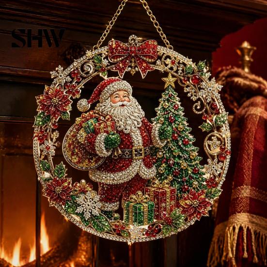 Christmas Faux Diamond Art Ornament Kit Kit, Santa Angel Sun Catcher DIY Acrylic Textured Bead Round Board, 3D Craft for Adults, Festive Window