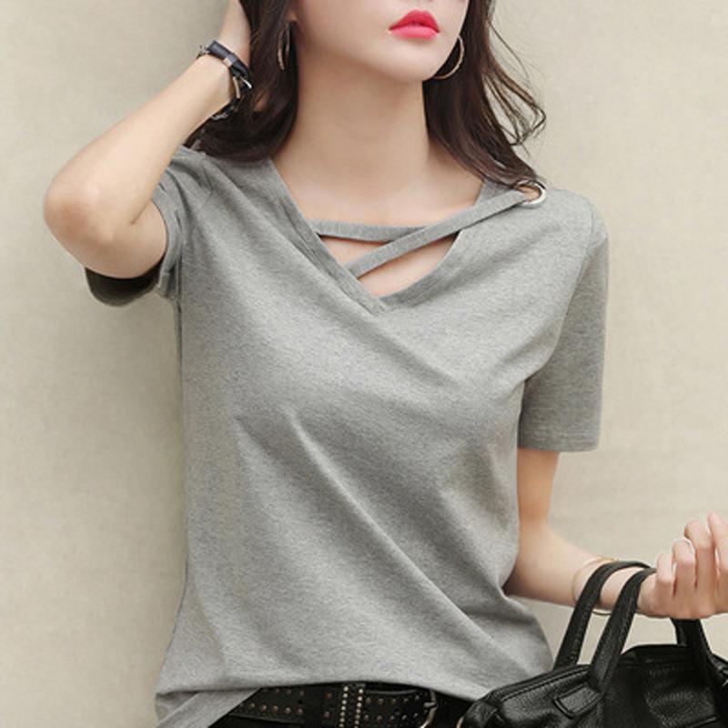 Women's Summer V-neck Design Short-sleeved T-shirt Solid Color Personality Loose Casual Tops