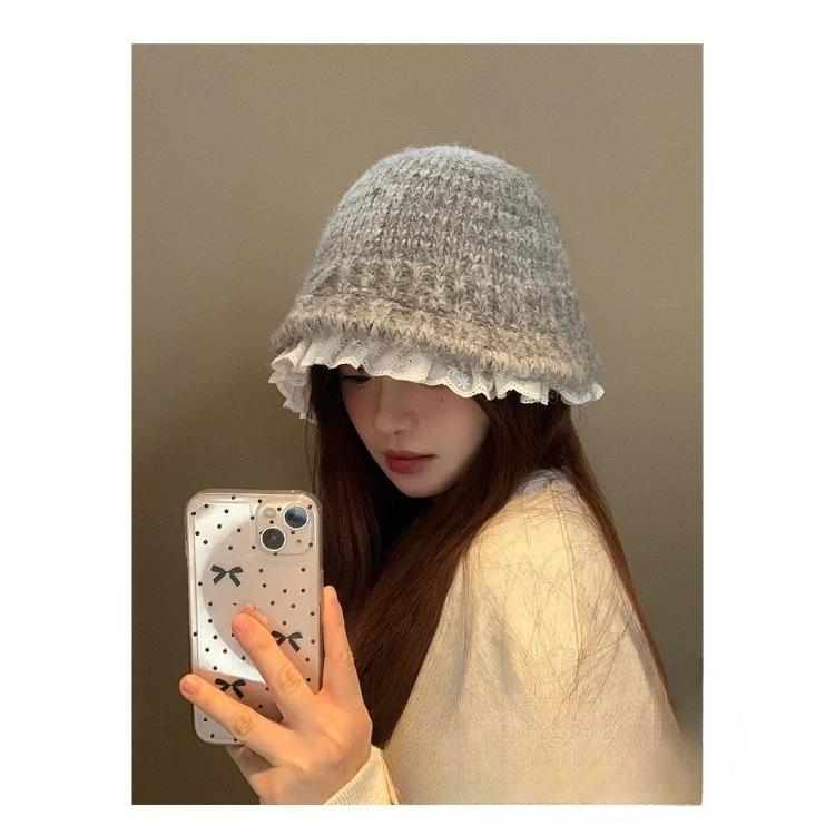 Lace Fisherman Hat for Women In Autumn and Winter Warm Ear Protection Basin Hat  Fashionable Korean Style Face Showing Small Knitted Woolen Hat