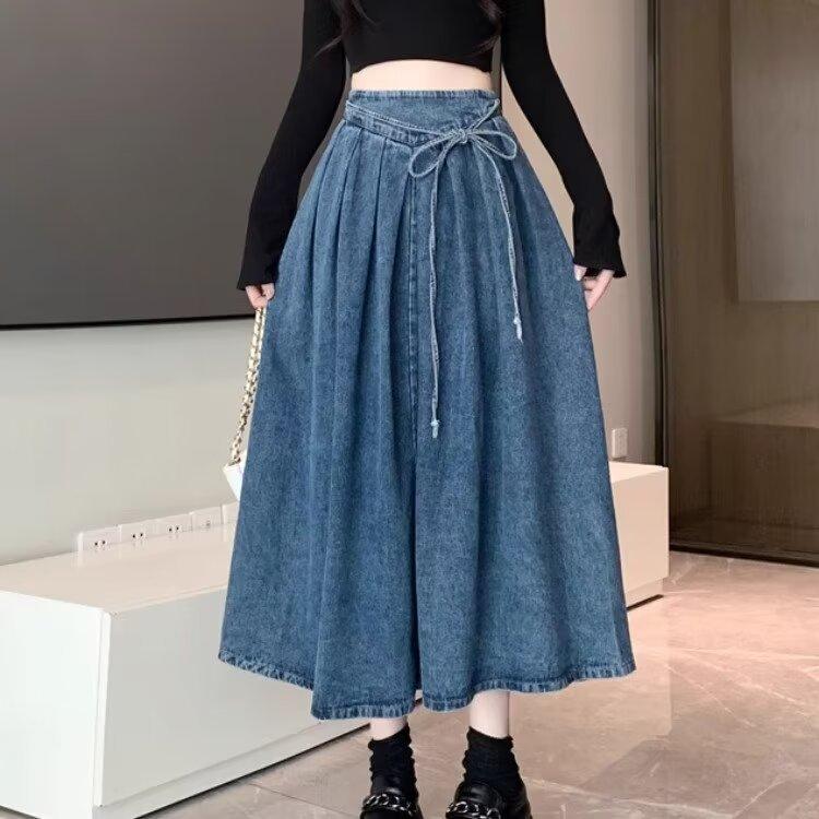 Dames Herfst Hoge Elastische Taille Lange Denim Rok Koreaanse Stijl Vetersluiting Elegante Jeans Rokken