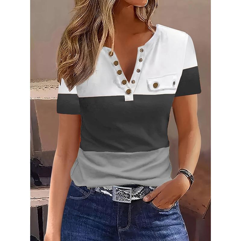 Tricou Casual Nou la Modă Patchwork Culoare Contrastantă Femei Vară Topuri cu Nasturi Tricouri Simple Femeie Elegant Mărime Plus Tricou Haine Femei 24521