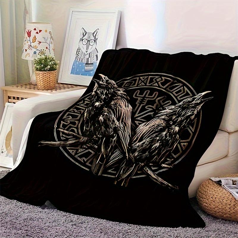 Viking Crow Flannel Blanket ,Vintage Black Throw ,Soft Multi,Functional ,Perfect for Office Camping Travel ,Cool Biker Gift