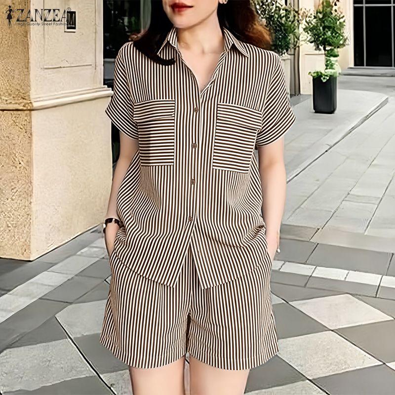 ZANZEA Women Short Sleeve Blouse and Shorts Summer Stripe Print Two Piece Suit Sets