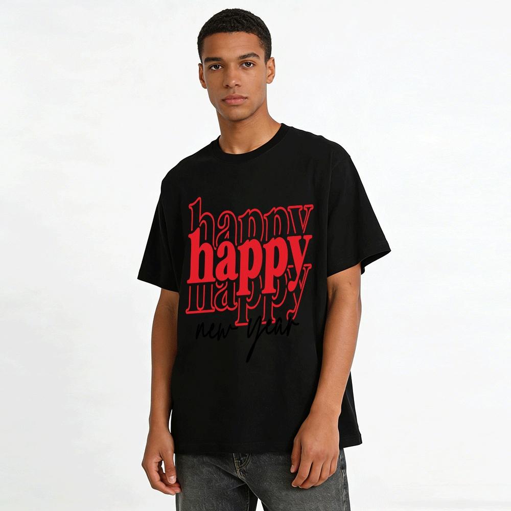 Happy New Year Double Print Casual Crew Neck Graphic Tee Pure cotton T-shirt