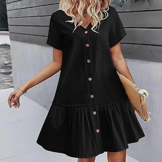 Women's Summer Cotton Linen Midi Dress Casual Short Sleeve V-Neck Button Down Dress Flowy Ruffled A-Line Beach Sundress