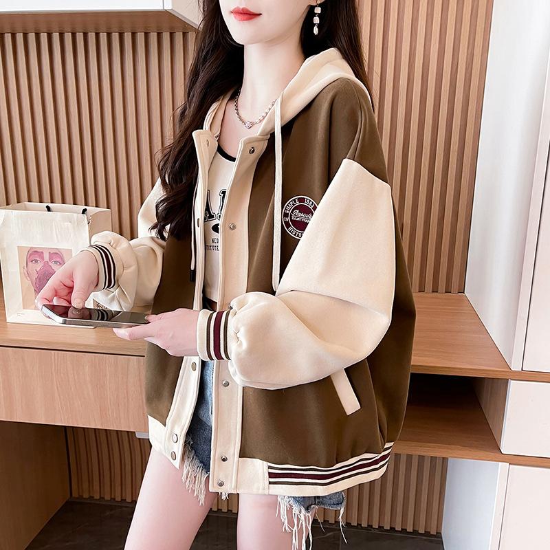 Pre-Fall Hooded Contrasting Sweatshirt Women's Autumn and Winter Loose Plus Size Small Casual Baseball Uniform Jacket