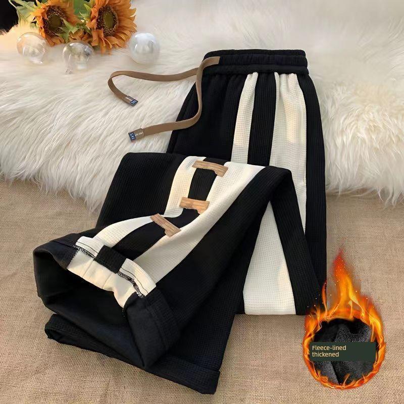 

Plus Size 40-150kg Autumn and Summer Casual Unisex Style Pocket Loose Slimming Color-Blocking Versatile Wide-Leg Pants Black/Winter Fleece Style/With Pockets 3XL
