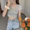 Y2k Style Summer Retro Floral V-neck Crop Top Slimming Wild High Waist Streetwear Tshirt Short Sleeve Women's T-shirt