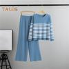 2 Teile/satz Damen Top Hosen Set Streifendruck Rundhals Langarm Sweatshirt Elastische Taille Weites Bein Jogginghose Sport Outfit Herbst Lässiger Trainingsanzug