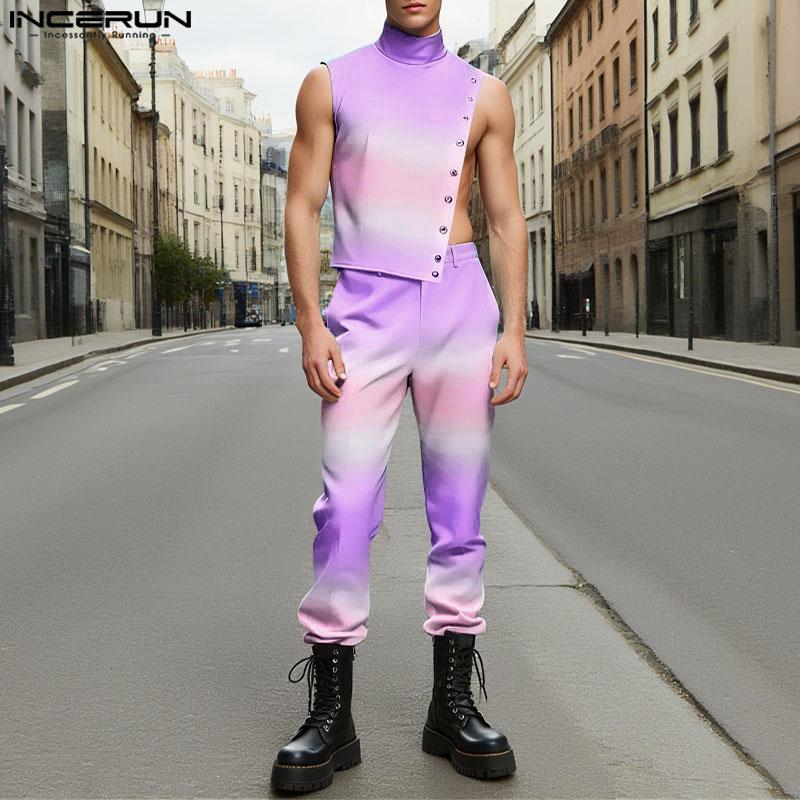 INCERUN 2PCS Men Sleeveless One Shoulder Gradient Tank Tops and Long Harem Pants Outfits Sets