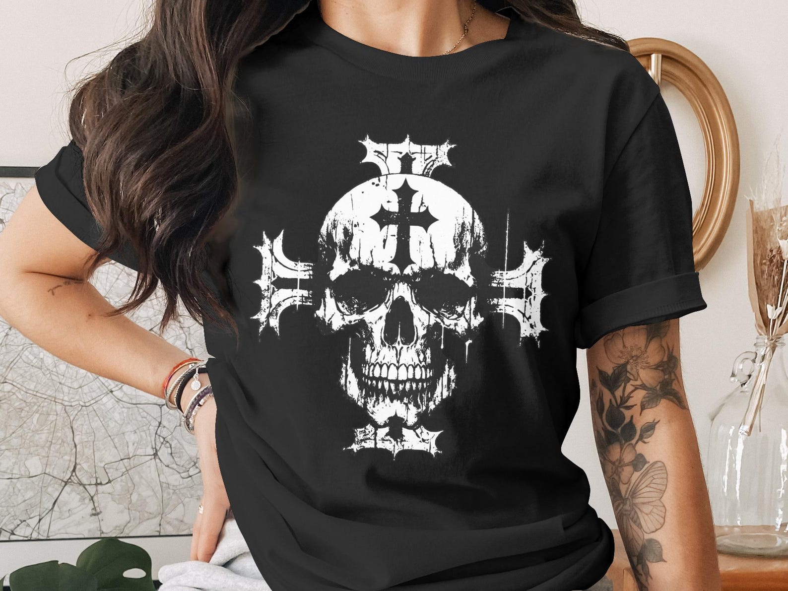 Gothic Skull Cross T-Shirt, Distressed Dark Academia Graphic Tee, Heavy Metal Alt Fashion Shirt, Edgy Skull Design S