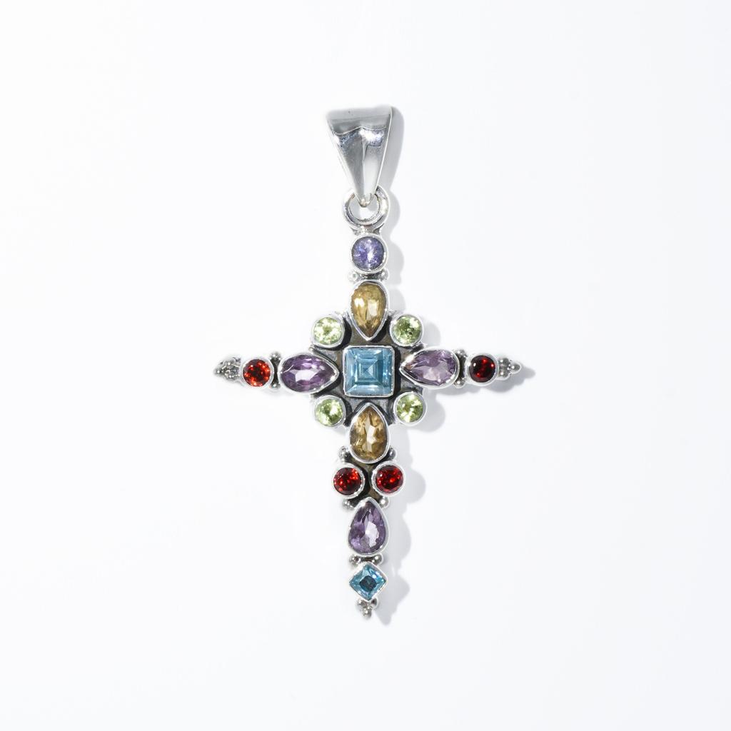 Ciondolo a Croce con Pietre Multiple: Ciondolo Spirituale in Argento Sterling 925